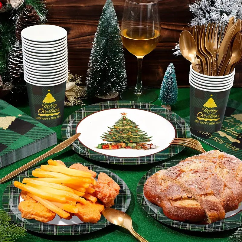 Kit de Talheres para Festa de Natal com 80 Peças - Pratos, Copos e Talheres Descartáveis