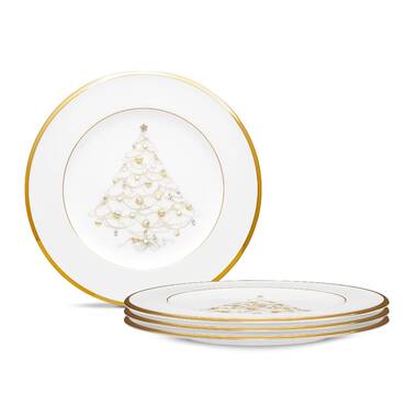 Kit 4 Pratos Porcelanato com estampa Árvore de natal + detalhes Dourado - Serviço para 04 Pessoa