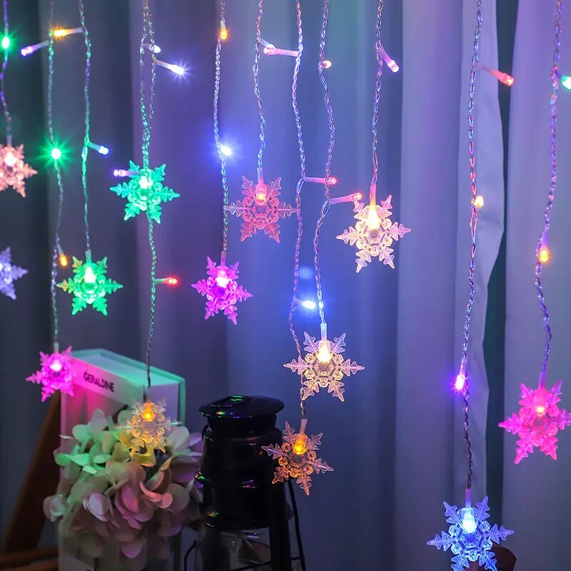 Luzes em LED Modelo Cortina Decoração de Natal Flocos de Neve