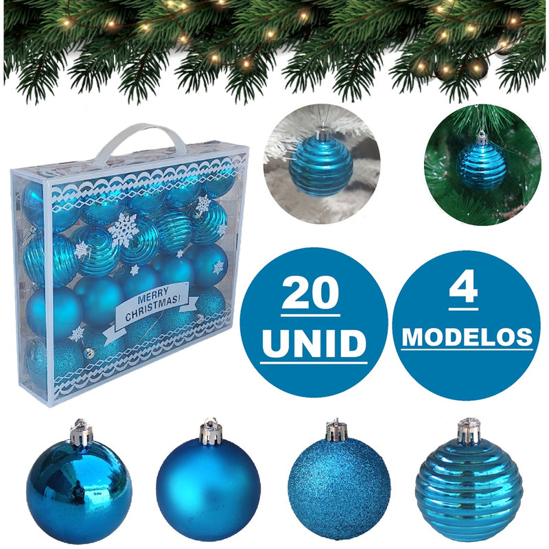 Kit 20 Bolas De Natal Azul Grande Decoração 6cm Glitter