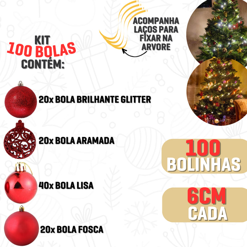 Kit 100 Bolinhas Enfeite Árvore de Natal 6cm