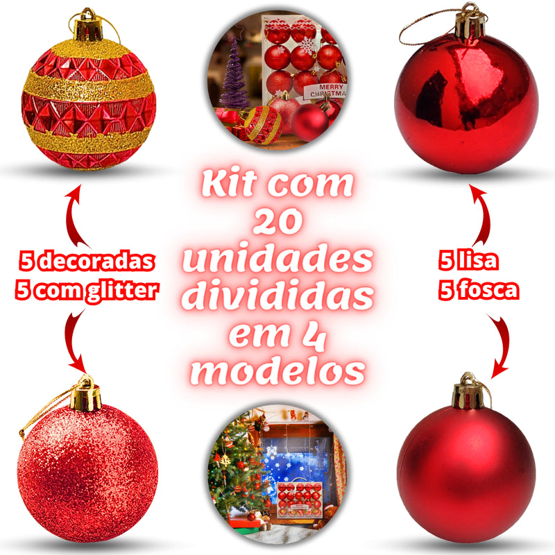 Kit 20 Bolas De Natal Grande 6cm Decorada Lisa Fosca Com Glitter