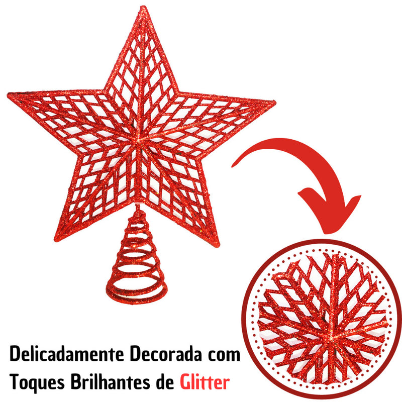 Estrela de Natal Ponteira Glitter Brilhante 20cm para Arvore Decoração