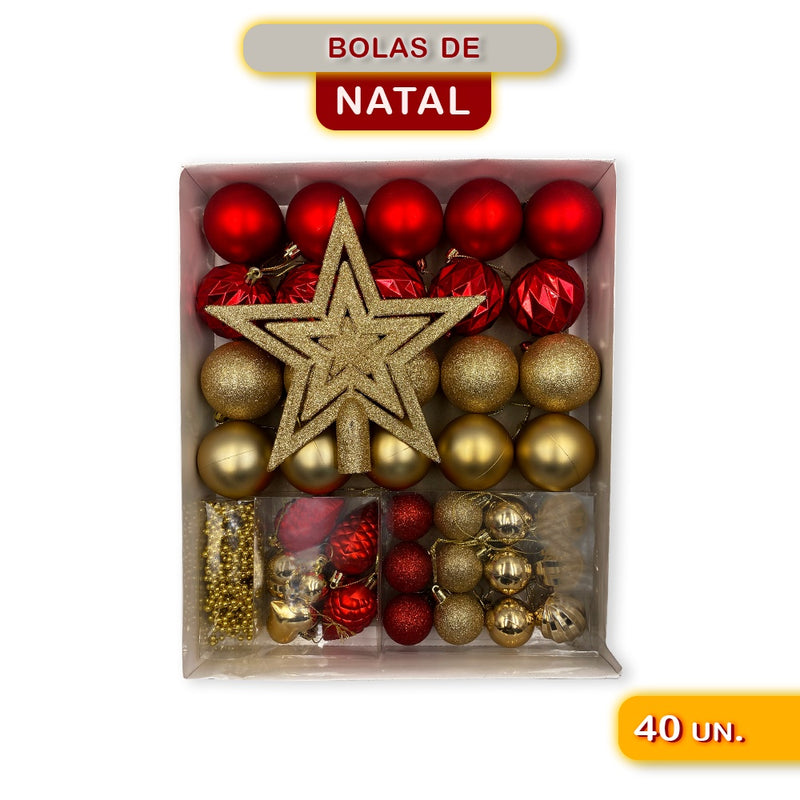 Kit Enfeites de Natal Bolas Estrela Dourado e Vermelho Completo