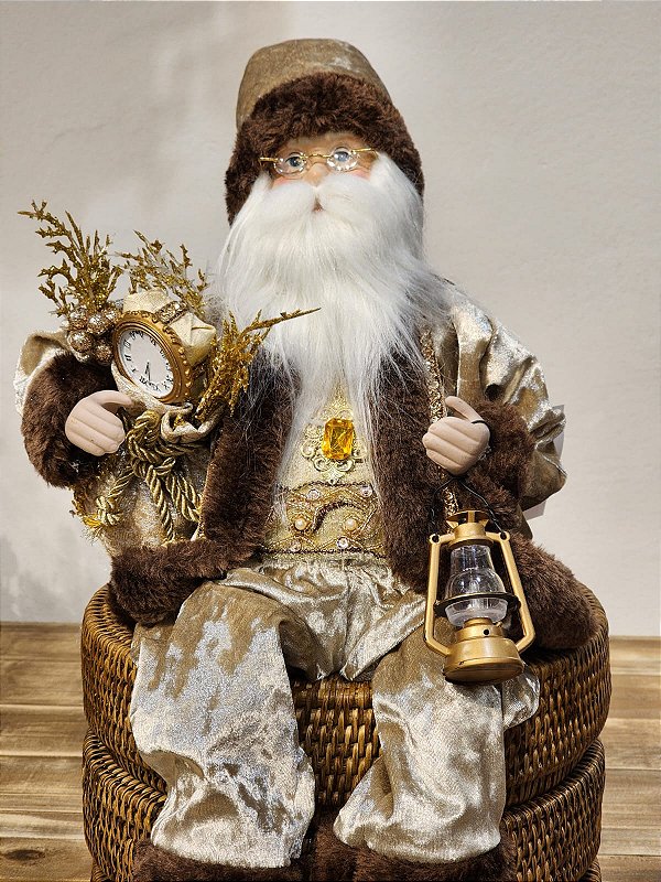 PAPAI NOEL DE LUXO SENTADO ROSTO DE PORCELANA CHAMPANHE 45CM