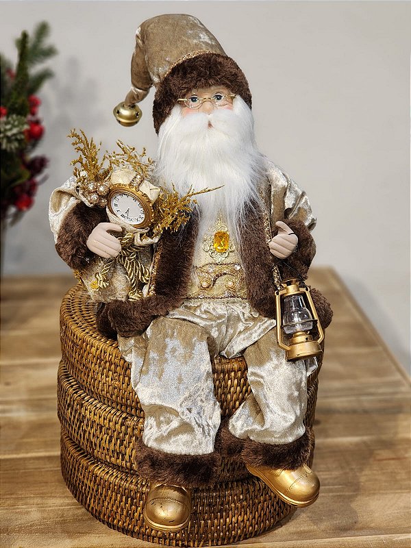 PAPAI NOEL DE LUXO SENTADO ROSTO DE PORCELANA CHAMPANHE 45CM