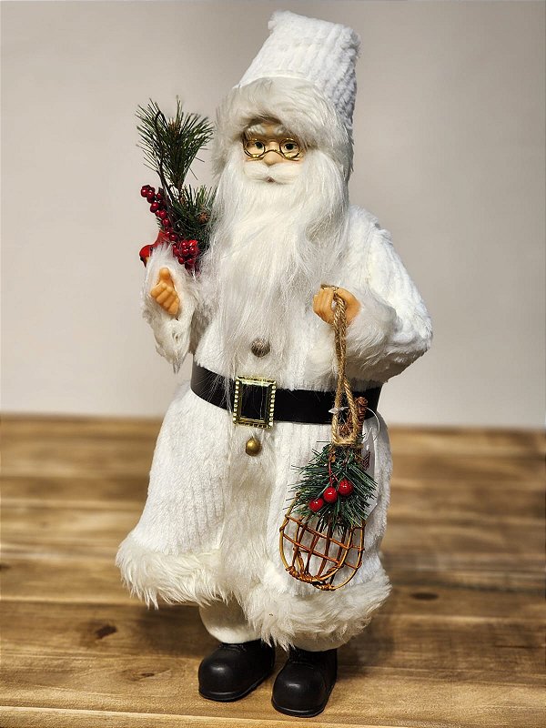 PAPAI NOEL EM PÉ BRANCO COM CARDEAL 45CM